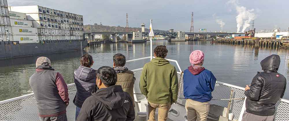 Community members sailing the Duwamish during Port of Seattle's 'Port 101' tour
