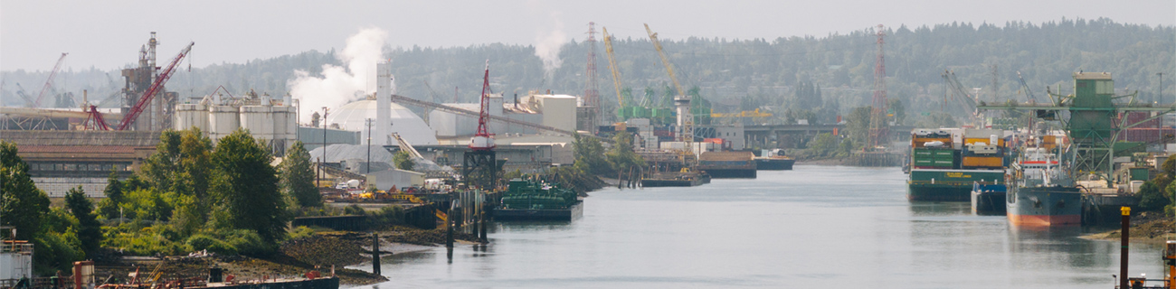 Looking south on the Lower Duwamish Waterway. South Park bridge is in the distance/